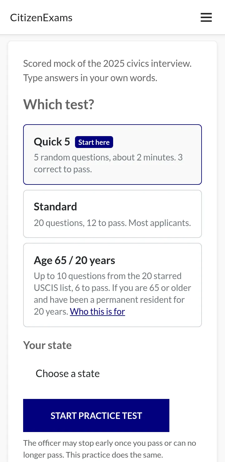 Practice test mode picker: Quick 5, Standard 20, or Age 65/20 years