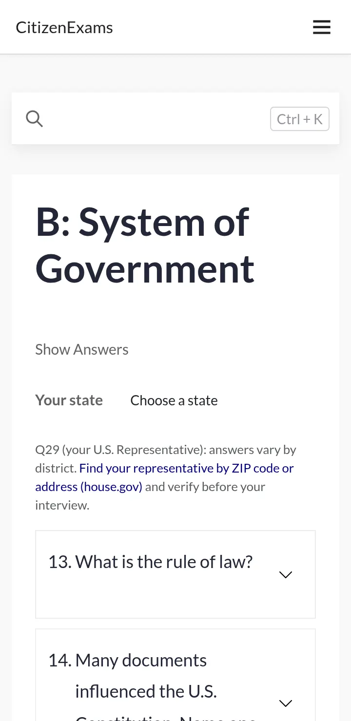 A study topic page on a phone with the state picker and questions