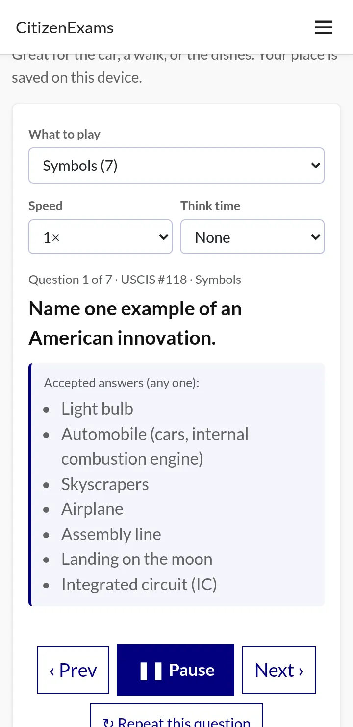 Animation: listen mode playing a Symbols question, then showing the accepted answers