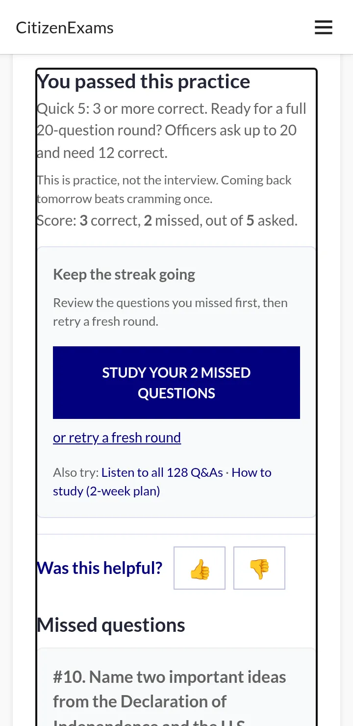 Practice results screen with score, next step and missed questions