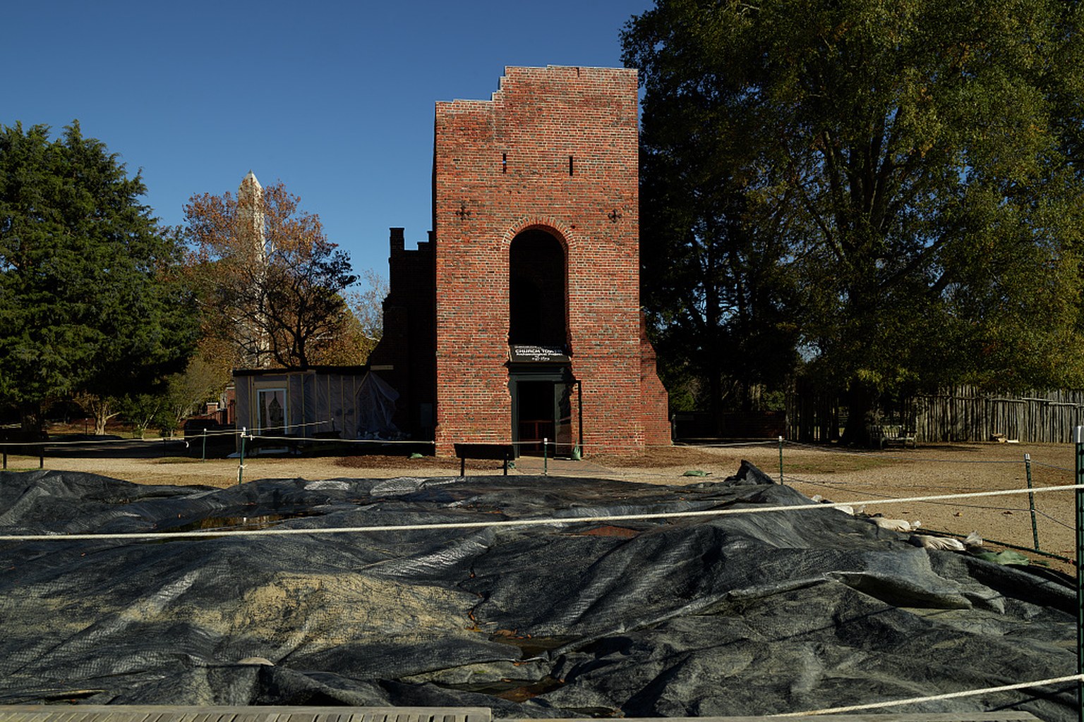 Historic Jamestowne church tower ruins under a clear sky