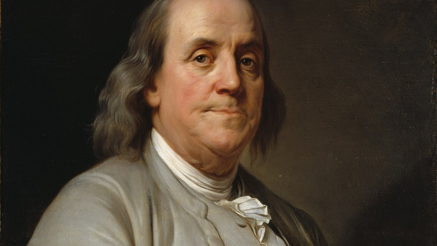 Oil portrait of Benjamin Franklin in a fur-collared coat by Joseph Duplessis