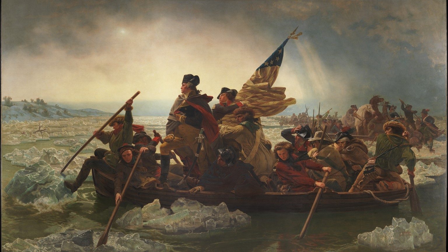 Washington Crossing the Delaware — Continental Army boats on the icy Delaware River