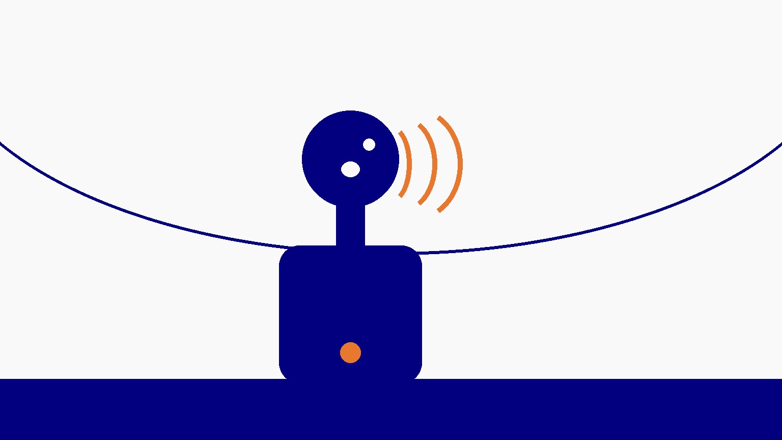 Flat navy-and-off-white illustration of a single person speaking, with warm orange sound arcs beside the head