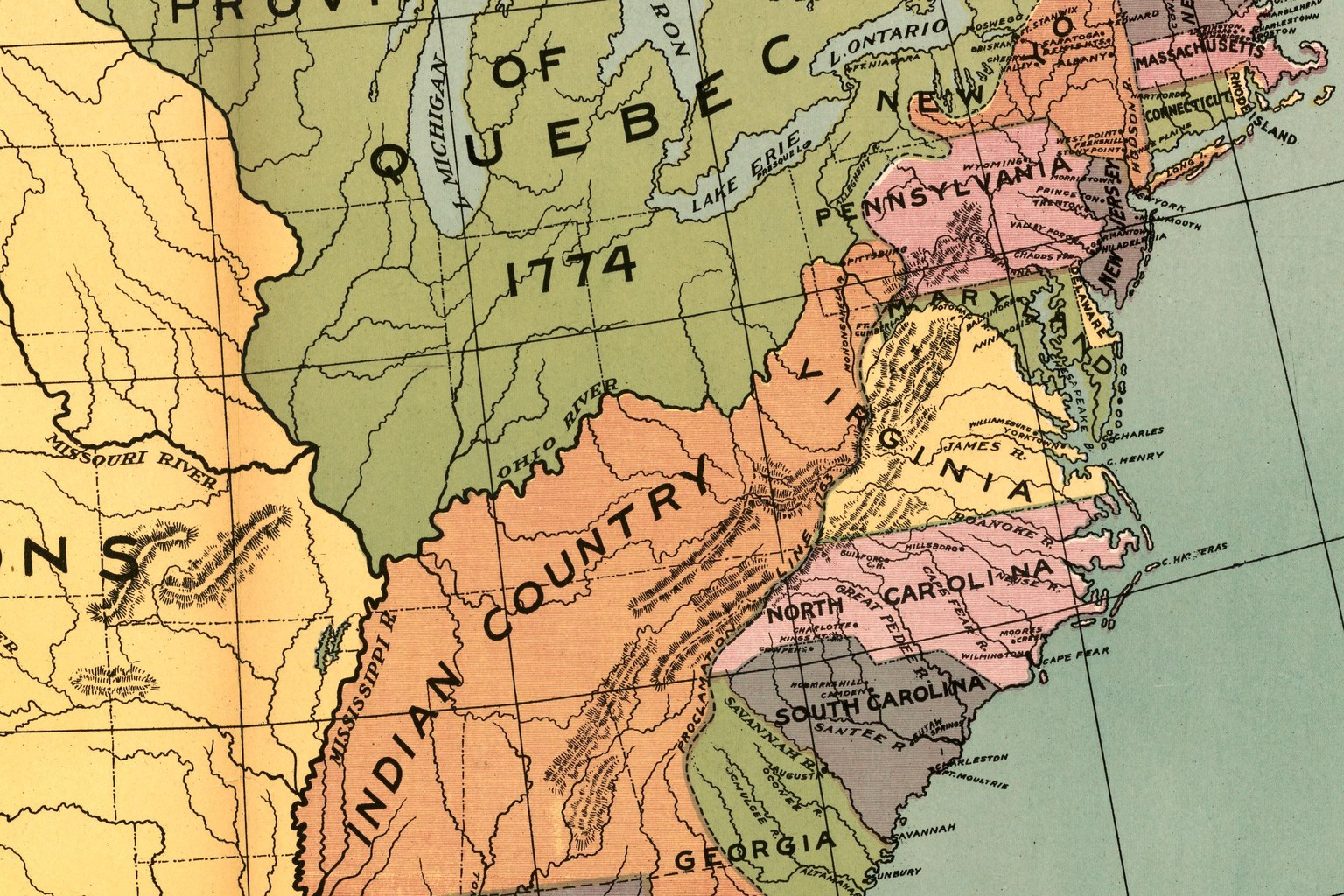Historic color map of the Atlantic seaboard showing the thirteen original colonies in 1774, with New England, Mid-Atlantic, and Southern colonies labeled along the coast