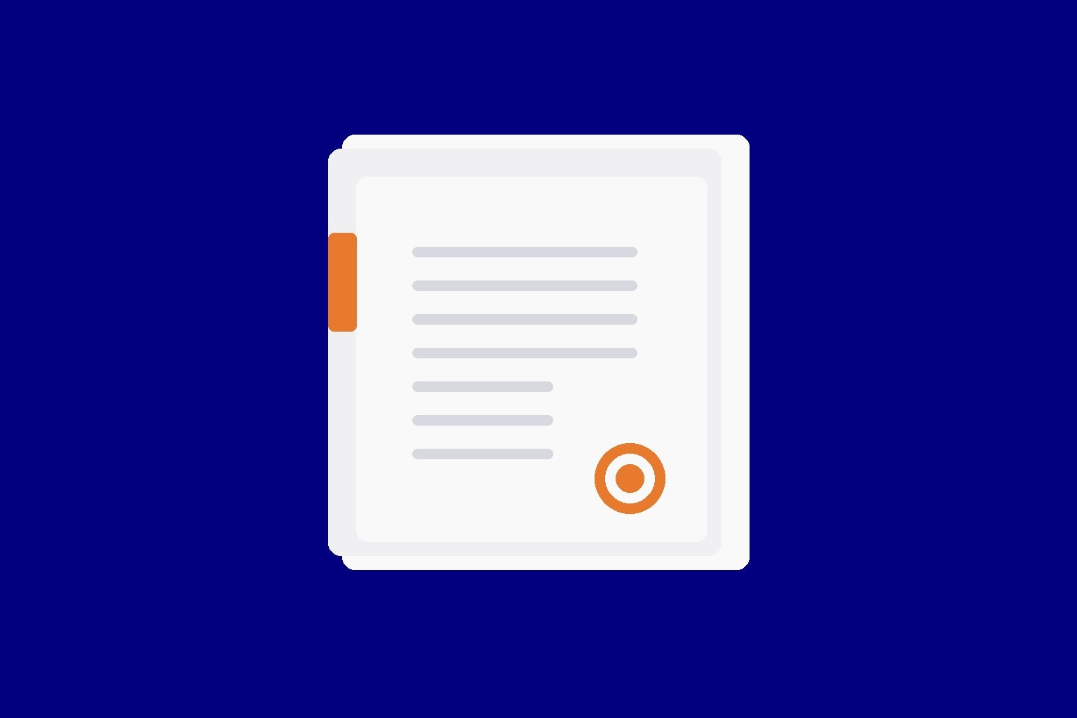Flat navy-and-off-white illustration of a single stack of documents with a warm orange circular seal